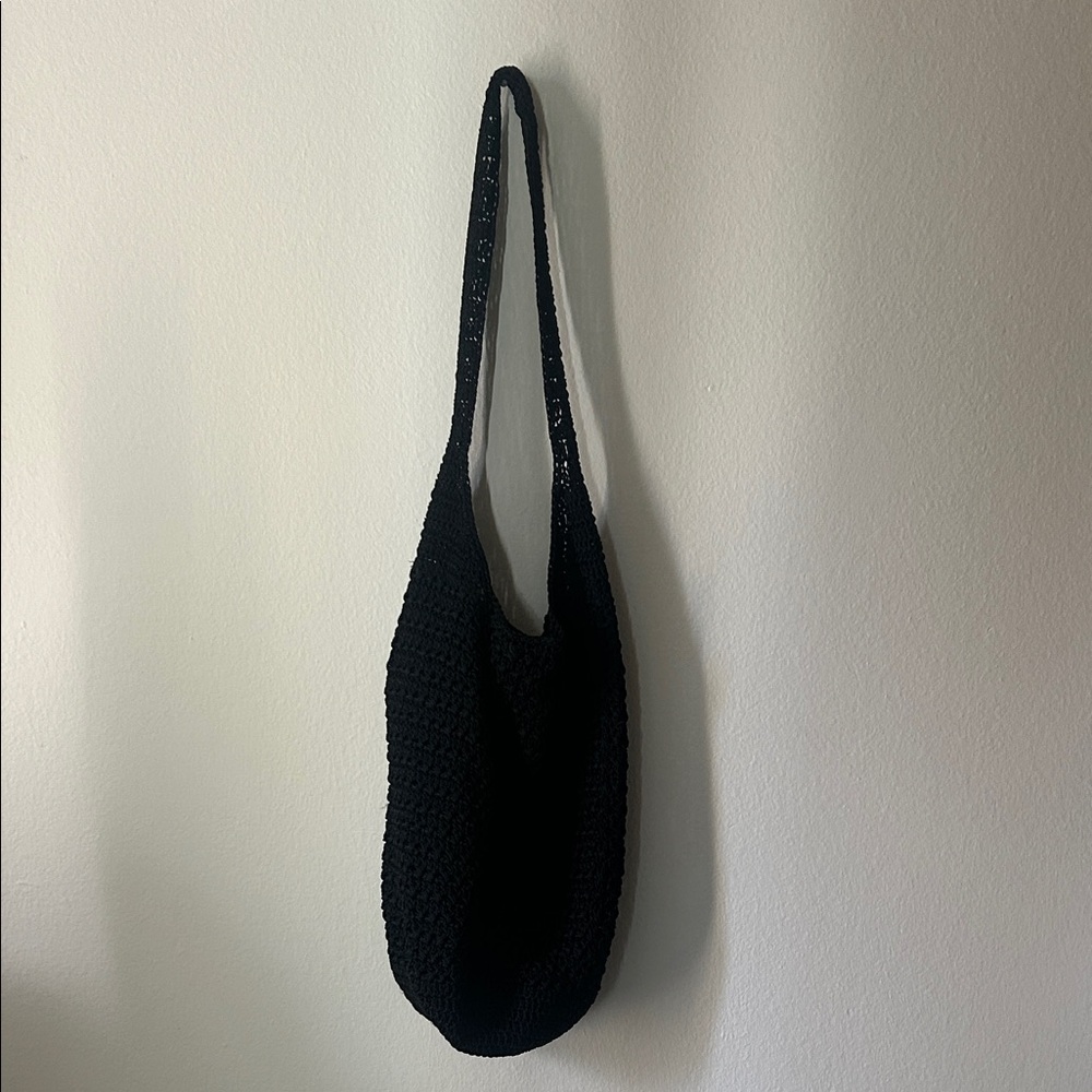 Black Woven Crochet Hobo Sack Shoulder Bag Minimal
